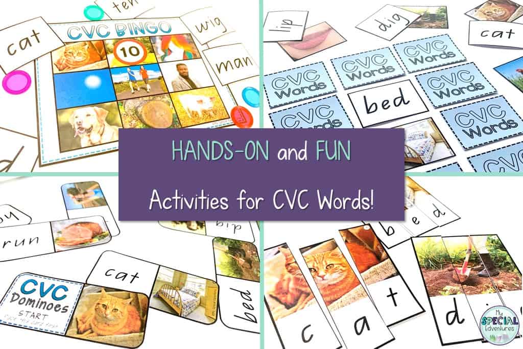 Four colourful activities for CVC Words showing how teaching CVC Words can be hands on and fun for students with BINGO, Memory, Dominoes and Puzzles.