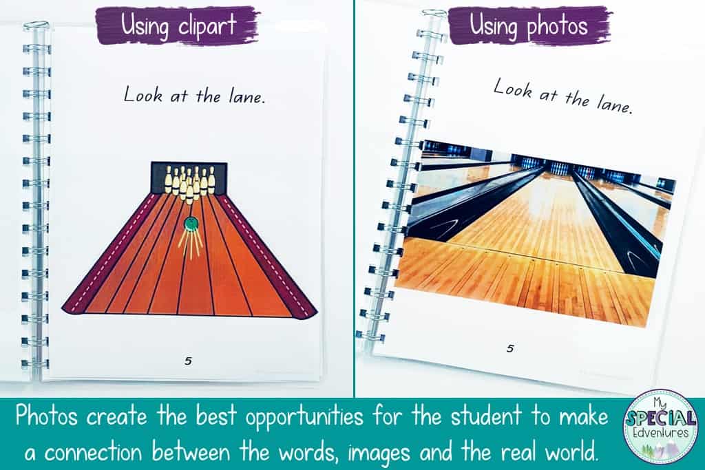 A comparison of a page of an emergent reading level book using clipart and a photo, showing that the page with a photo provides a more realistic image and is therefore best for students to make meaning from.