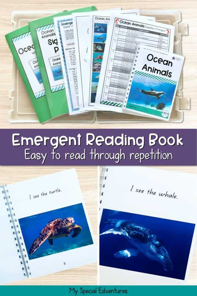 The activities and resources included with the ocean animals emergent level reading book, showing the repetitive pattern of the pages that make it easy for emergent readers to achieve success with reading.