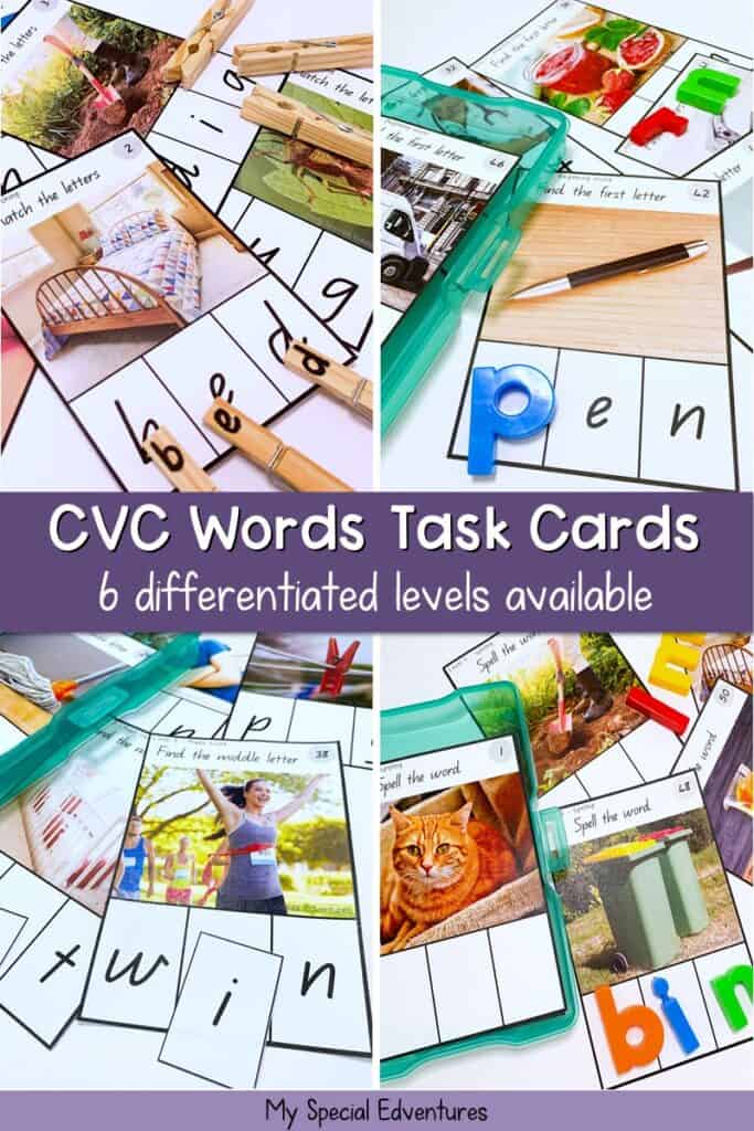 Colourful CVC Words Task Cards that have 6 differentiated levels for teaching cvc words including matching letters and beginning sounds.