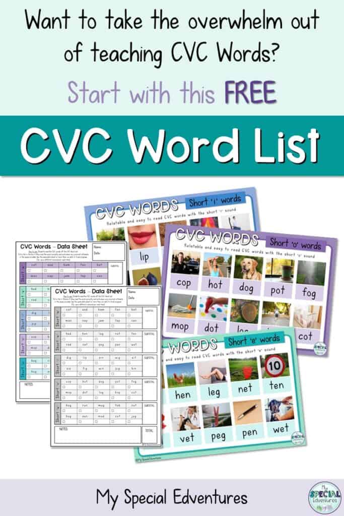 Colourful CVC Word List posters and a CVC Word List data sheet available for free to help reduce the overwhelm when you want to start teaching cvc words