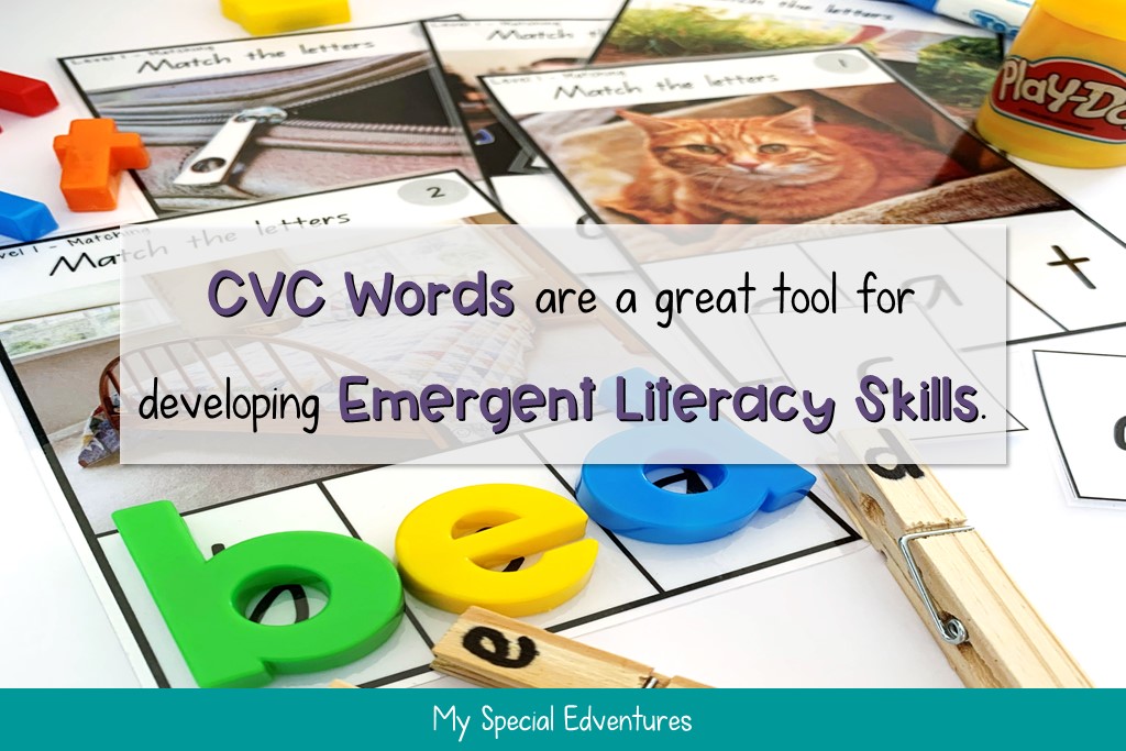CVC Words Tasks cards used with magnetic letters and alphabet pegs, with the quote 'CVC Words are a great tool for developing emergent literacy skills'.