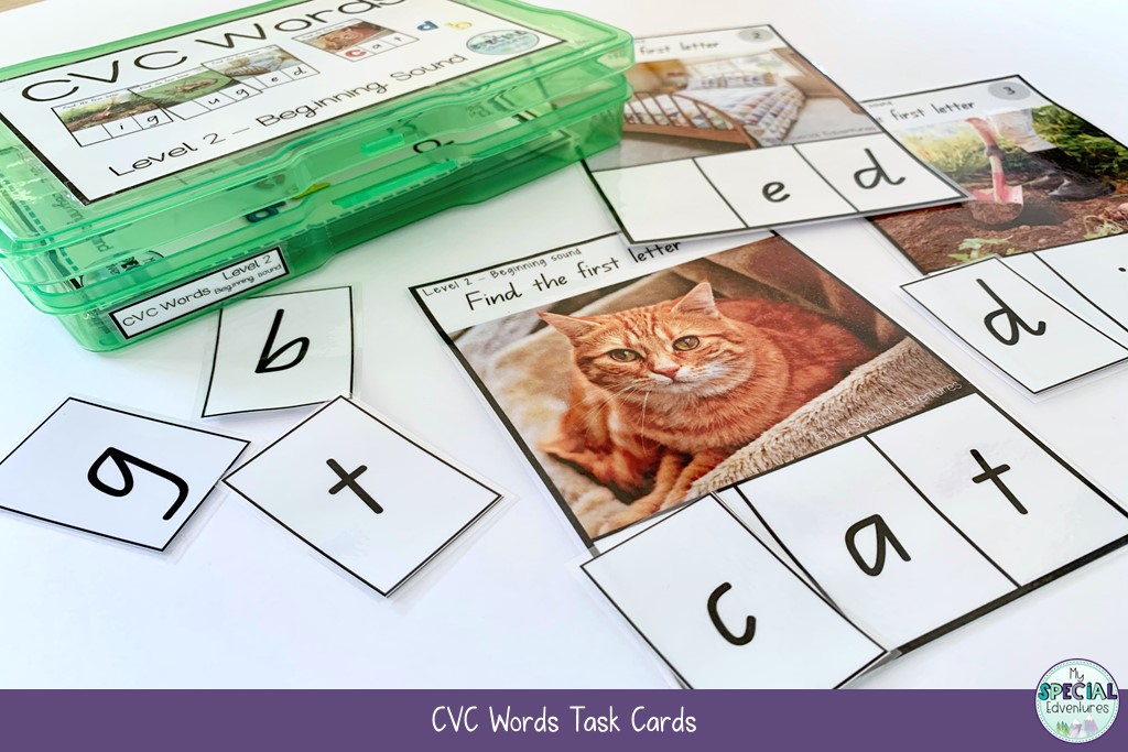 CVC Words Task cards with the beginning letter missing and individual letters next to them for students to find the beginning sound and complete the word