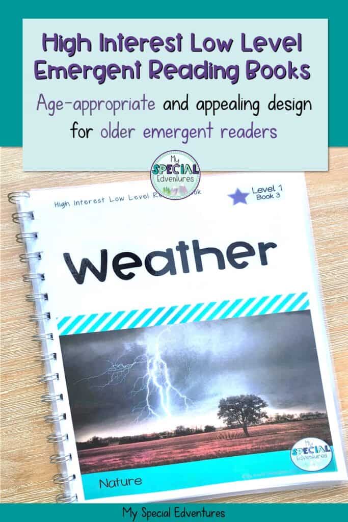 A closeup of the front cover of an emergent reading book called Weather, with an universal and age-appropriate design that would be appealing to older emergent readers.
